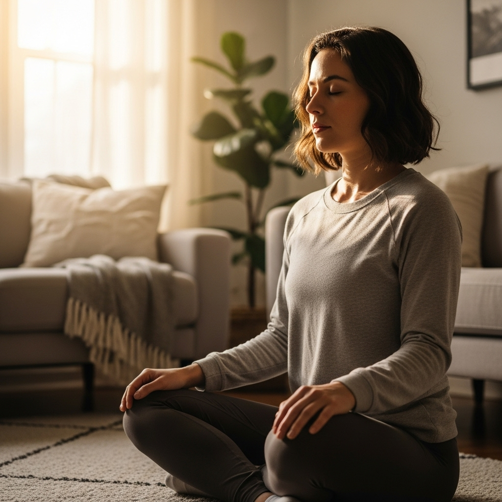 A woman practicing calm breathing in a sunlit room